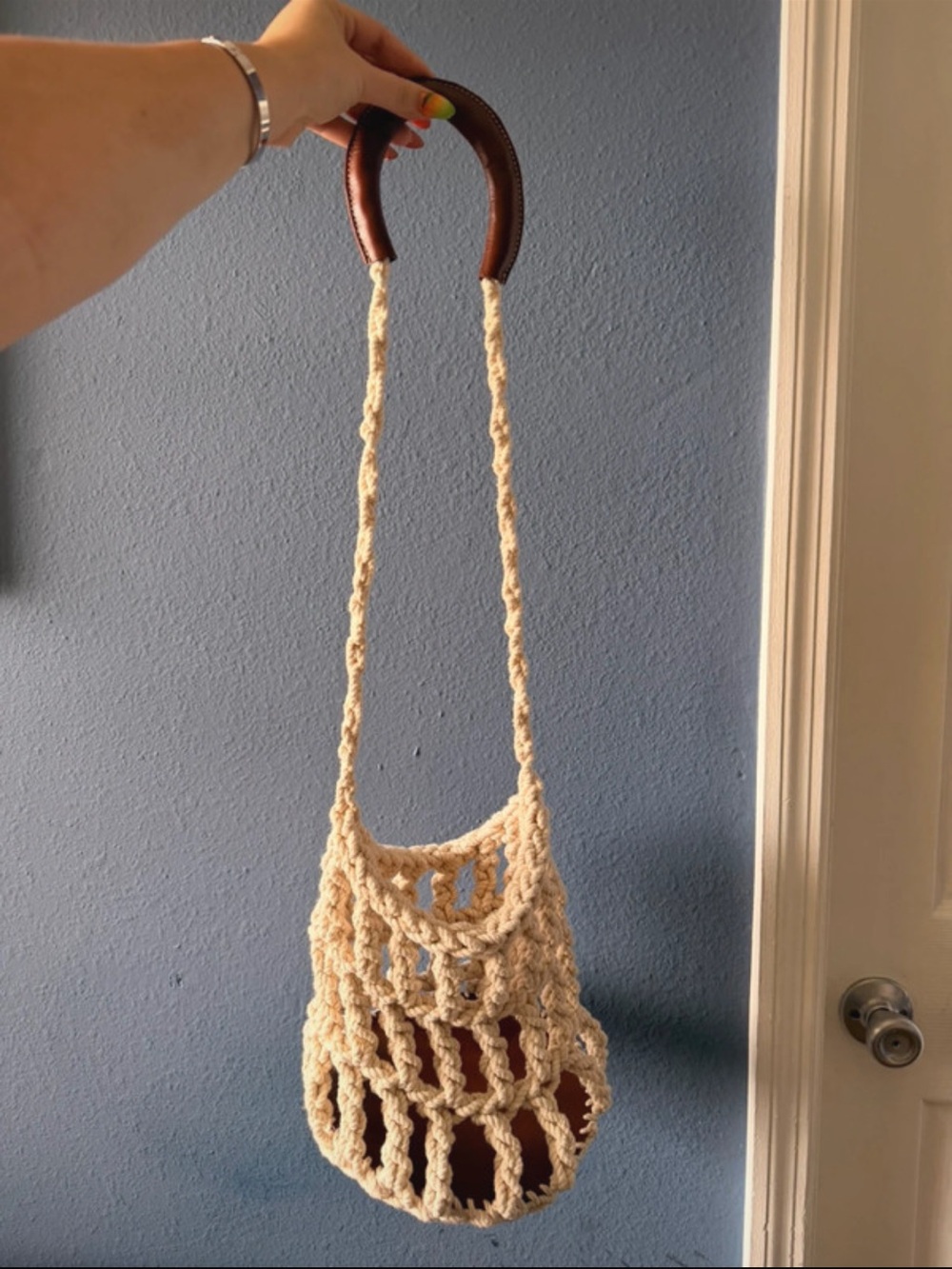 Handmade Cream Crochet Net Crossbody Bag with Brown Handle
